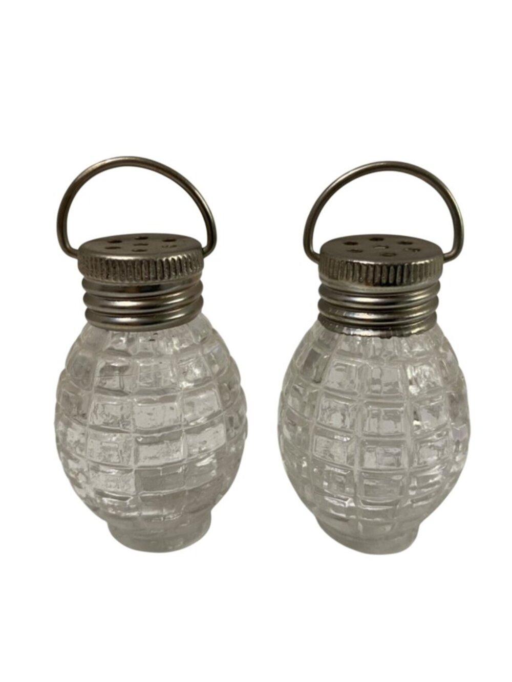 Hand Grenade salt & pepper shakers with silver top and handle Military Theme